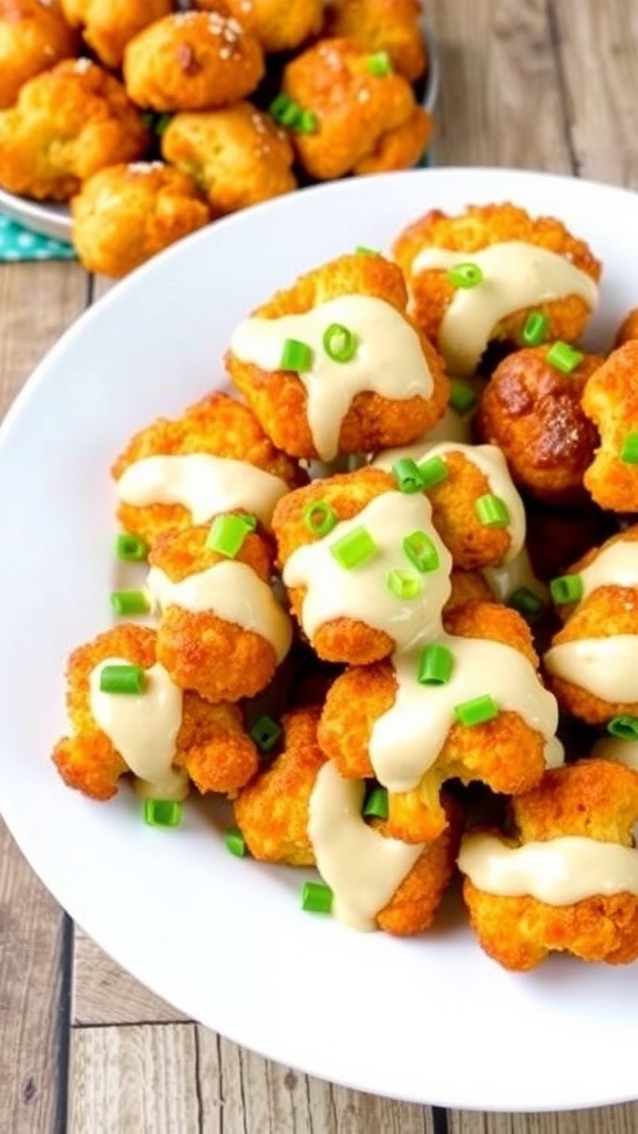 Crispy animal style cauliflower bites drizzled with sauce and garnished with green onions on a rustic table.